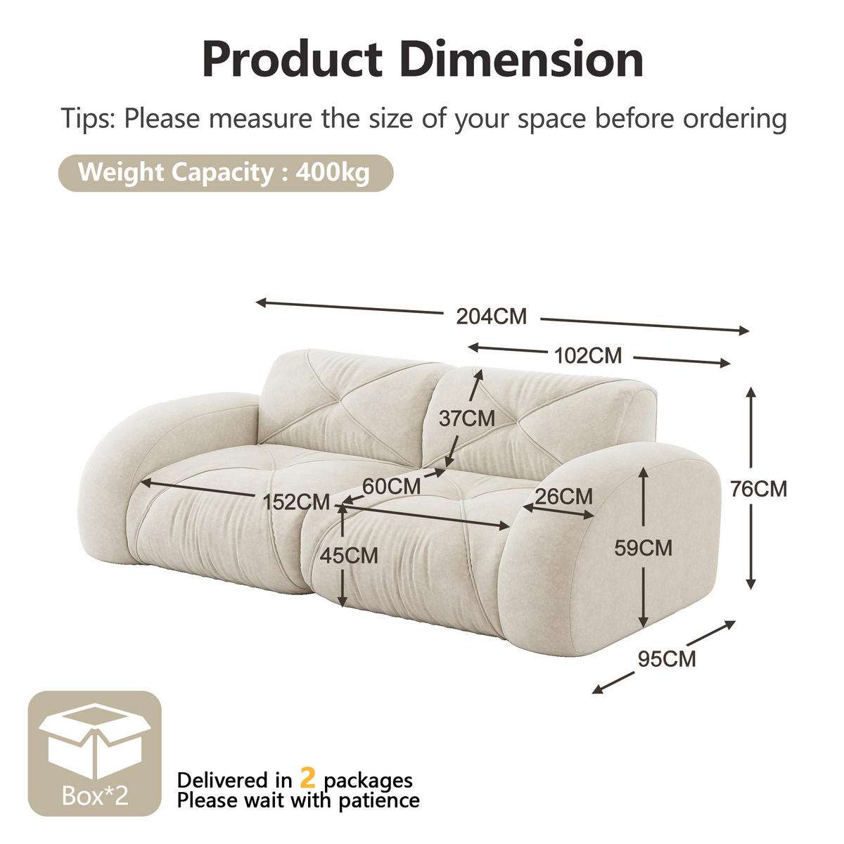 2-SITZER SOFA Chenille Weiß - Weiß, Textil (204/76/95cm) - WISHDOR
