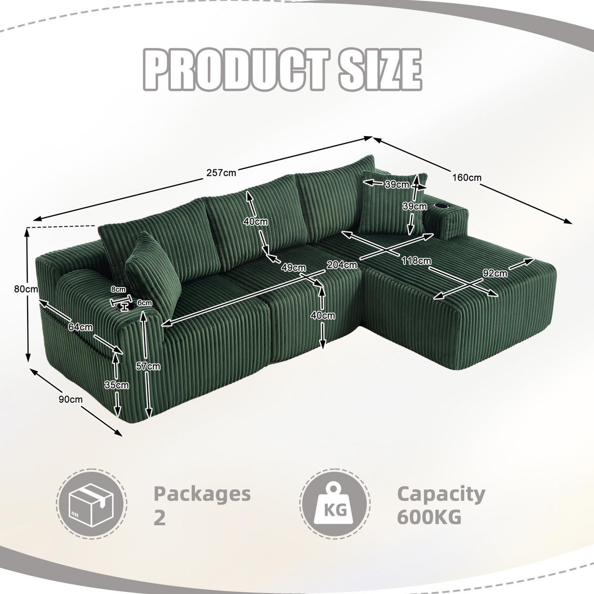 ECKSOFA 257/90-160/62 cm Smaragd aus Cord mit Chaiselongue - Smaragdgrün, Textil (160/257cm) - OKMYHOME