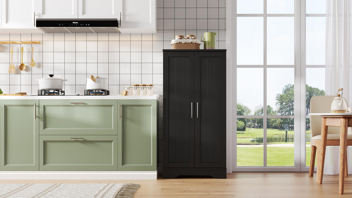 HOCHSCHRANK 2-türig aus MDF mit LED-Sensorlicht, moderner Stauraum für Küche und Wohnraum, 120/60/40 cm, Schwarz - Schwarz, Holzwerkstoff (60/120/40cm) - Redom