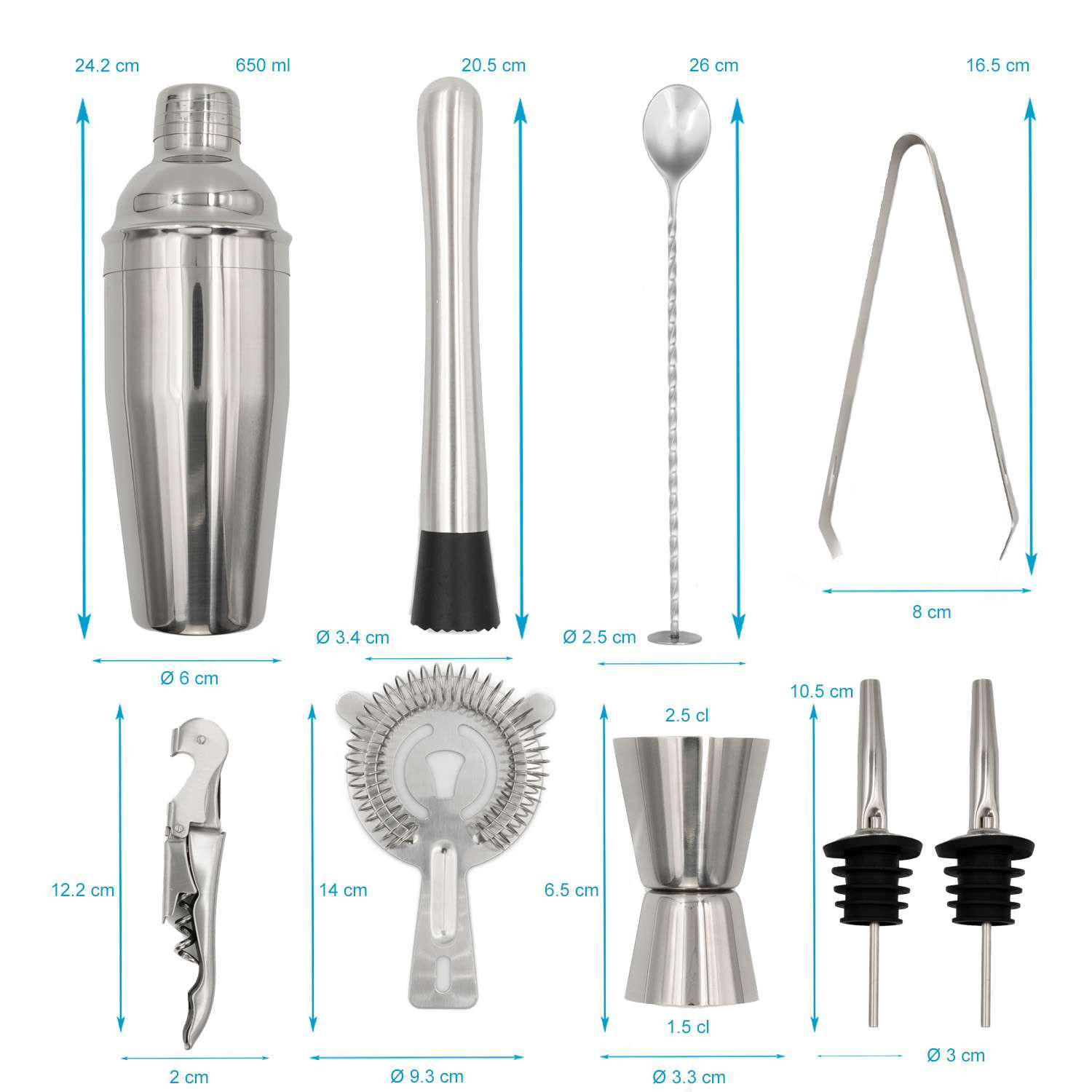 COCKTAIL-SHAKER Set mit Bambus-Ständer (12-tlg.) - Silberfarben, Metall (10.5/25.5/27.5cm) - Intirilife