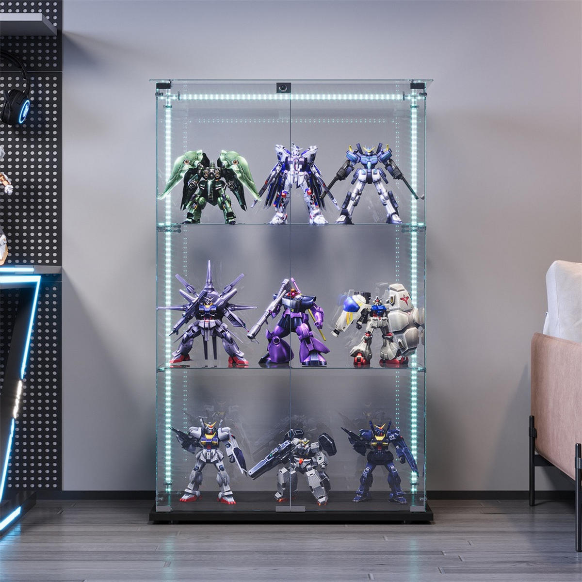 VITRINE - Glasvitrine mit 2 Türen und 3 Ebenen - integrierte LED-Streifen-Beleuchtung - Schwarzer Holzboden - Schwarz, Glas (78.5/123.3/35cm) - DELFA