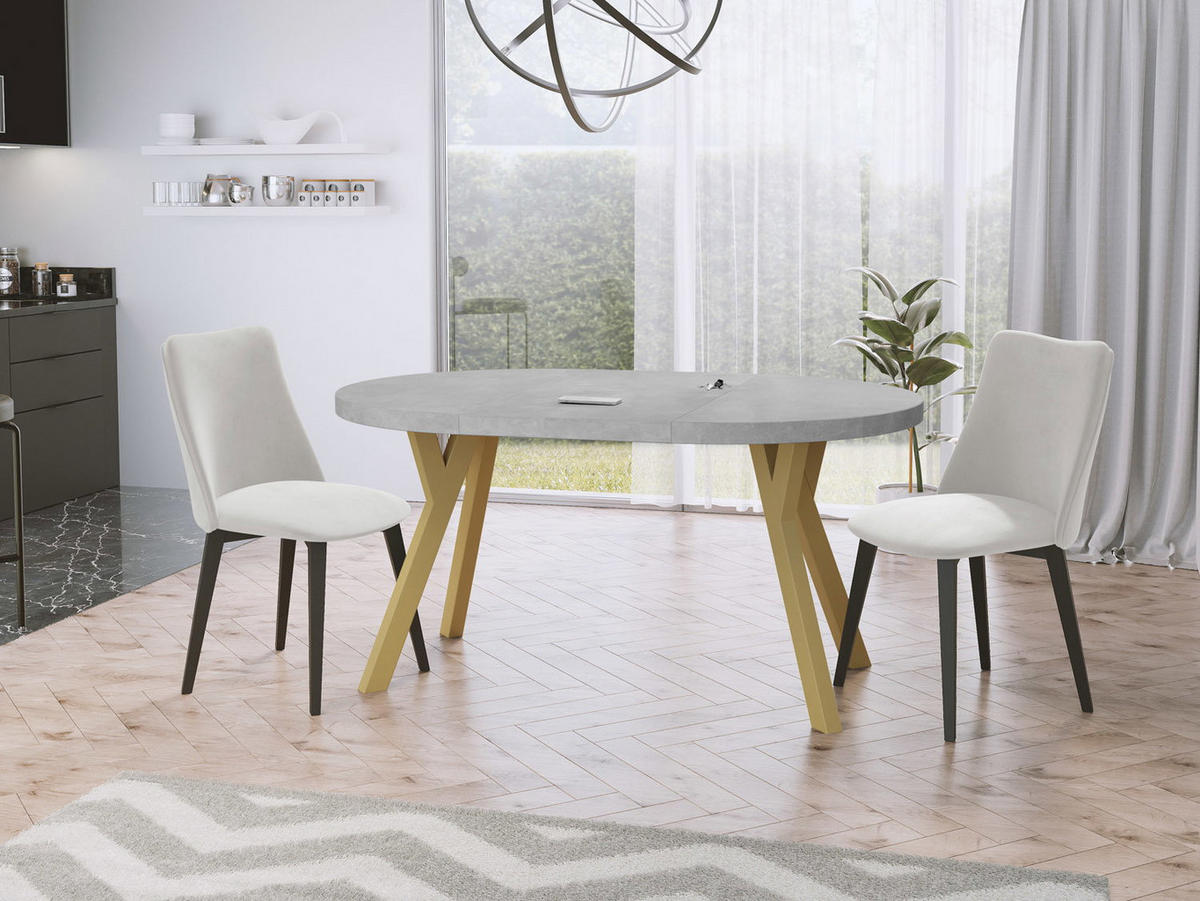 ESSTISCH Mateo runder ausziehbarer, Grauer Beton 100-200/100/76 cm - Goldfarben/Hellgrau, Holz/Holzwerkstoff (100/200/76cm) - WFL GROUP
