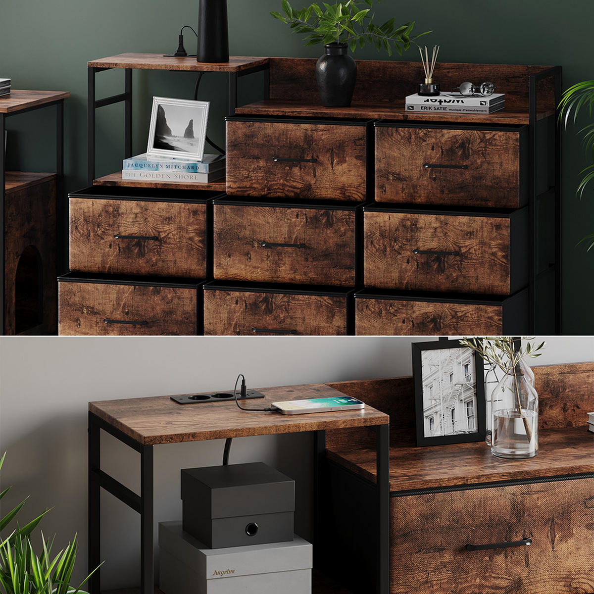 SIDEBOARD Brian Eiche rustikal 132 x 30 cm mit 8 Schubladen und USB - Eichefarben/Schwarz, Holzwerkstoff (88/30/132cm) - Vicco