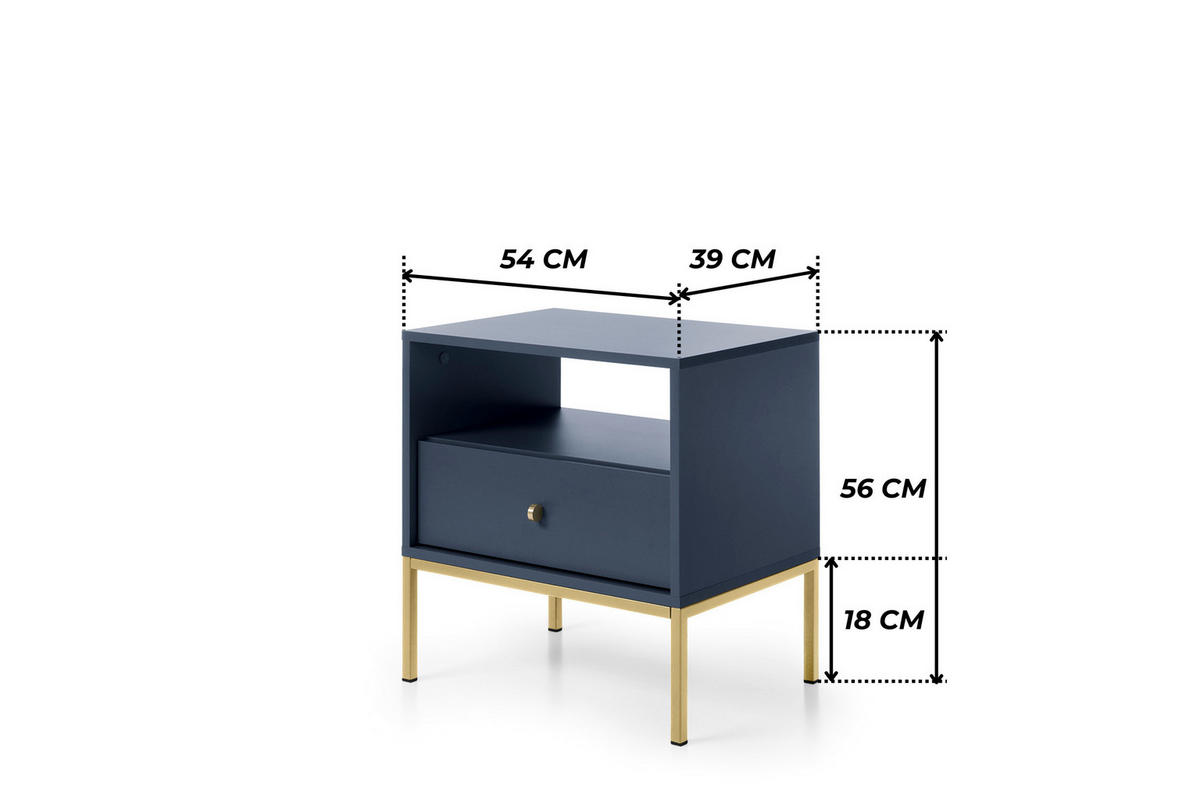 NACHTTISCH BARI SN1SZ (Blau, Goldene Griffe, Goldenes Gestell, Schublade) - Goldfarben/Dunkelblau, Holz/Holzwerkstoff (54/56/39cm) - Ravio