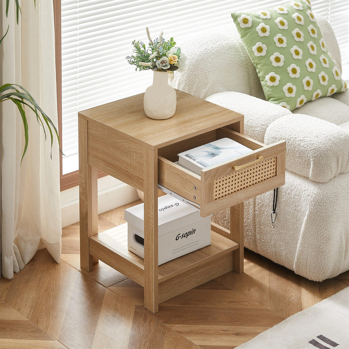BEISTELLTISCH 40/40/55cm Rattan Nachtisch mit Schublade,Naturfarben - Naturfarben, Holz (40/40/55cm) - LVHOM