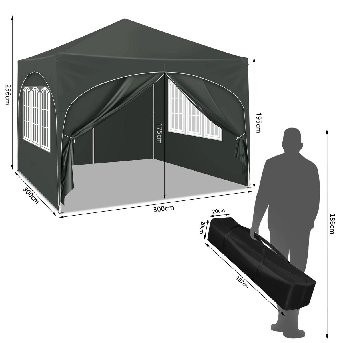 PAVILLON 3x3 m Grau mit 4 Seitenwänden - Grau, Textil/Metall (300/300cm) - Kaket