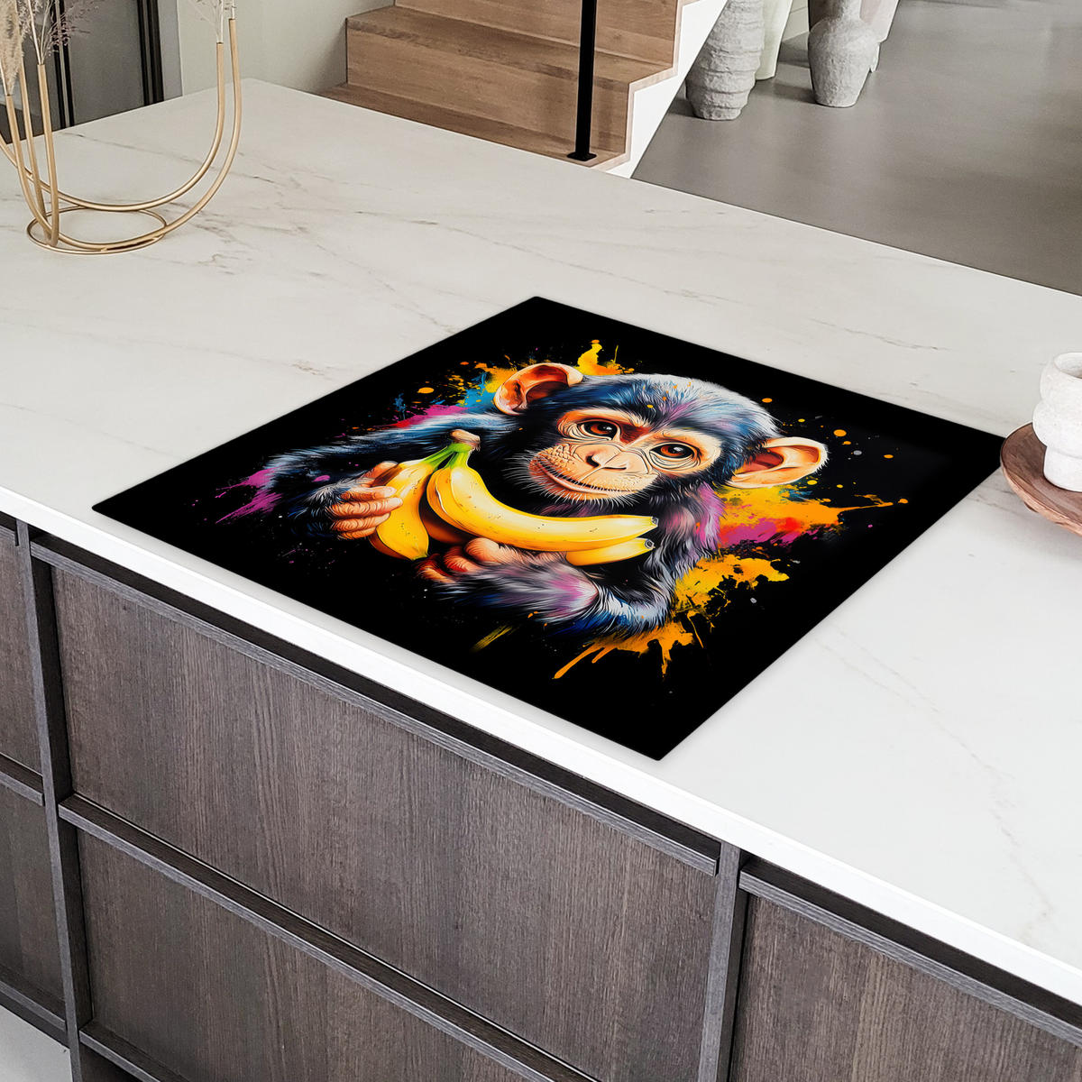 HERDABDECKPLATTE Affe - Graffiti - Farbenfroh - Bananen - Modern 78x78 cm - Gelb, Kunststoff (78/78/0.2cm) - MuchoWow