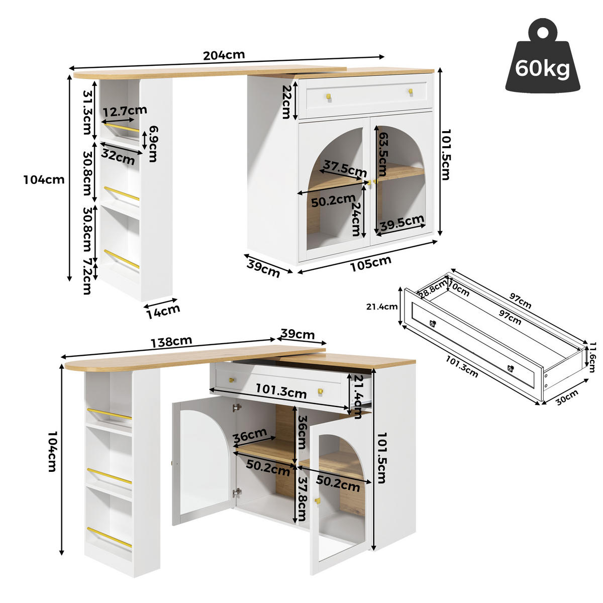 BARTISCH Ausziehbar 138–204x39x104cm 360° Glasregale Weiß - Weiß, Holzwerkstoff (39/138/104cm) - FLIEKS