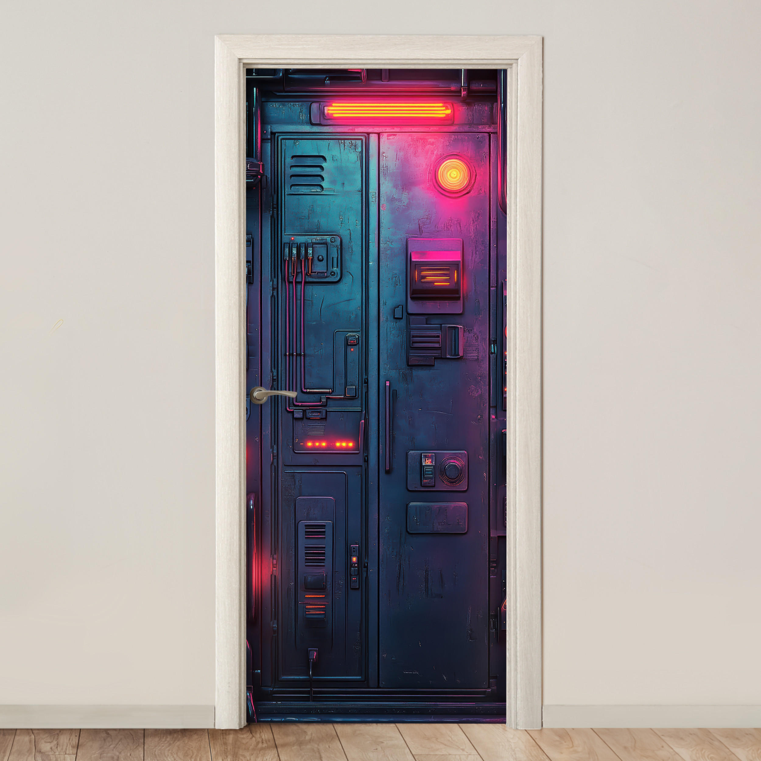 TÜRAUFKLEBER Selbstklebend - Tür - Futuristisch - Blau - Rosa - Neon 85x205 cm - Türtapete - Anthrazit, Kunststoff (85/0.1cm) - MuchoWow