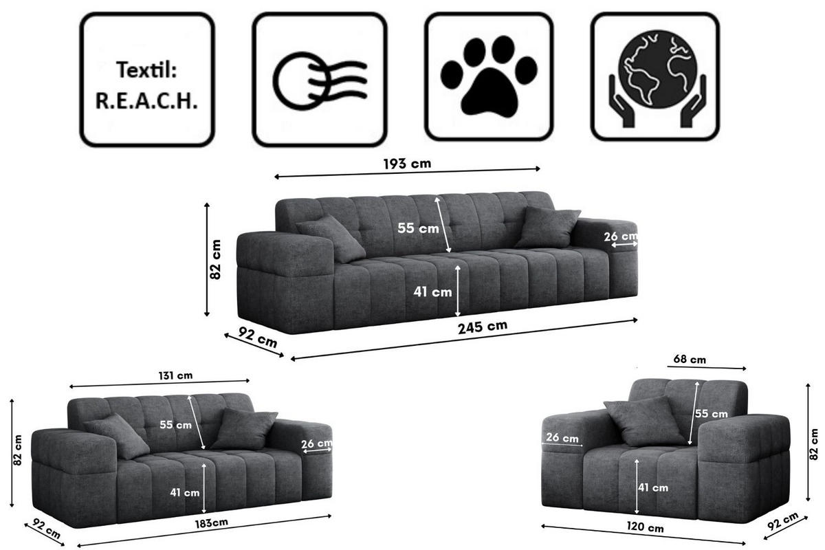 SITZGARNITUR 3+2+1 NIMES Stoff Perfect Harmony Dunkelgrau - Dunkelgrau, Holz/Textil (245/82/92cm) - Kaiser Möbel