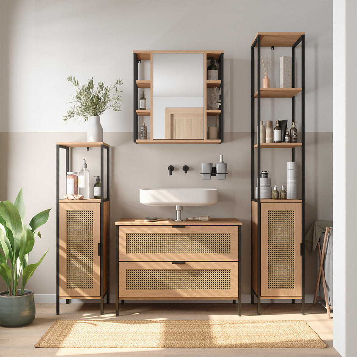 KOUPELNOVÝ NÁBYTEK Linara, Dub, Sada 4 kusů - barva dubu, kompozitní dřevo (80/59/35cm) - Vicco