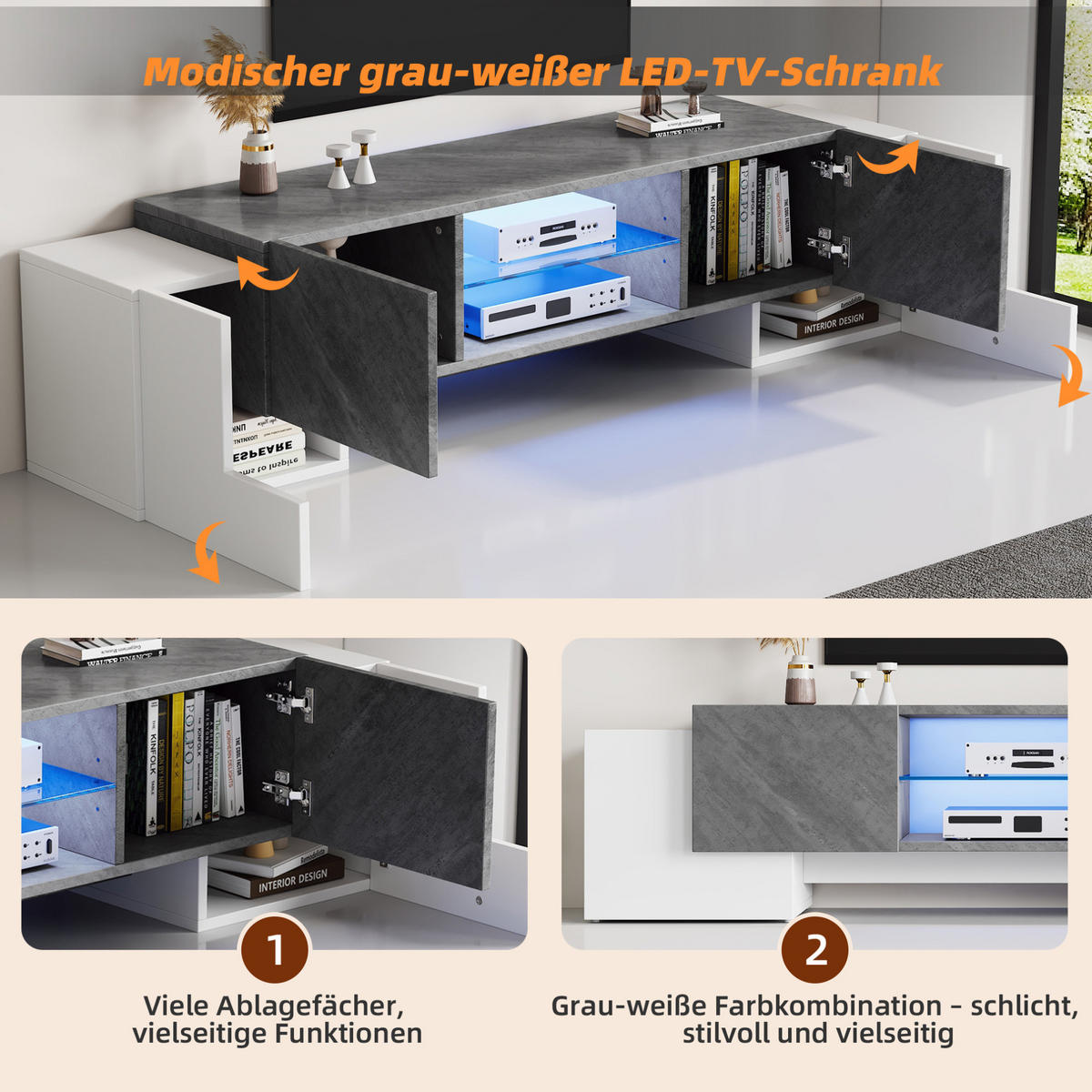 LOWBOARD 180/40/46,5 cm in Weiß/Grau mit LED-Beleuchtung und 4 Türen - Weiß, Holzwerkstoff (180/46.5/40cm) - Flora Grace