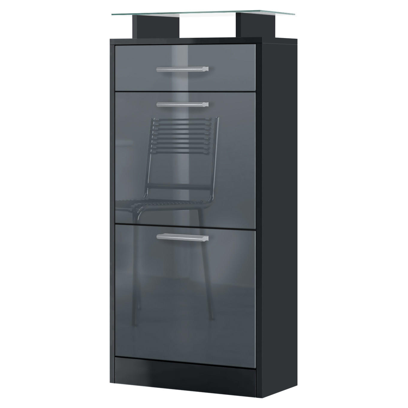 SCHUHSCHRANK Loret Front in Grau Hochglanz - Grau, Holzwerkstoff (46/104/23cm) - Vladon