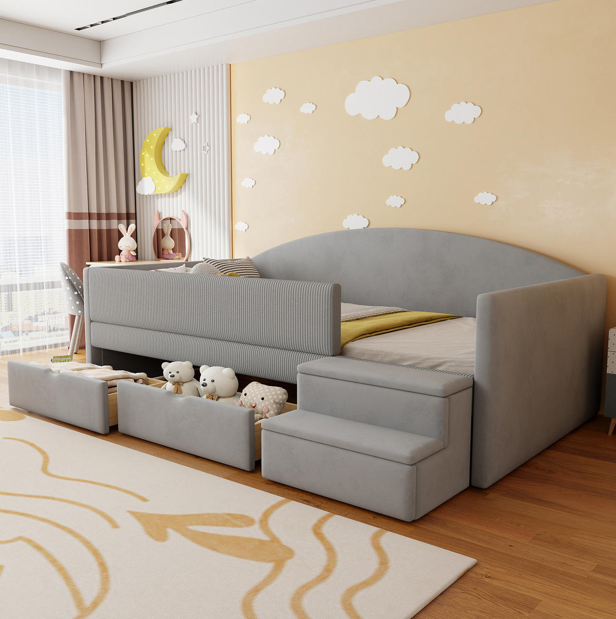 POLSTERBETT 90/190 cm aus Samt mit Schubladen und Stufen, Hellgrau - Türkis, Textil (90/190cm) - OKMYHOME