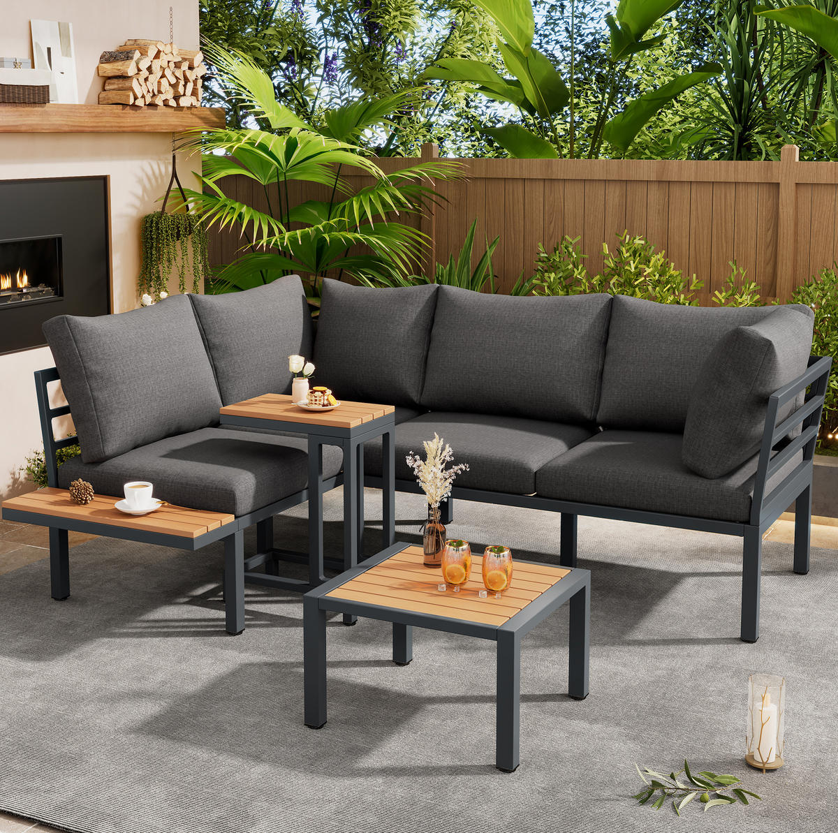 GARTENMÖBEL-SET mit Ecksofa, Beistelltisch und Couchtisch/Ottomane aus verzinktem Stahl und WPC, Grau/Schwarz - Grau, Metall - Redom