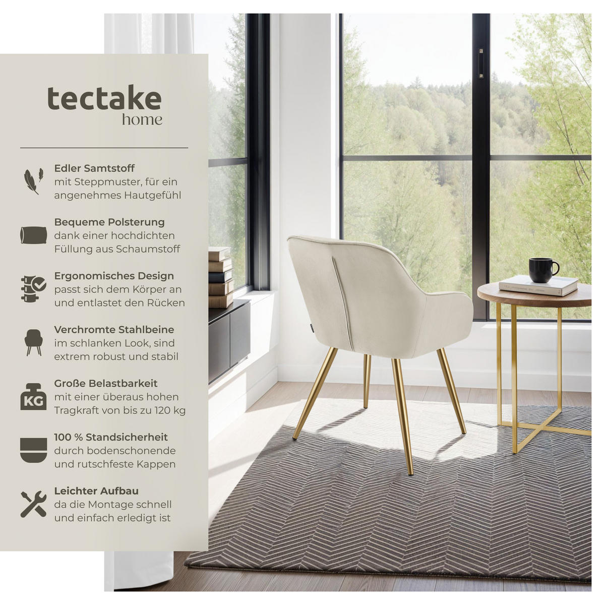 ESSZIMMERSTUHL 6er Set Marilyn 58 x 62 x 82 cm creme/gold - Goldfarben/Creme, Kunststoff (58/82/62cm) - tectake