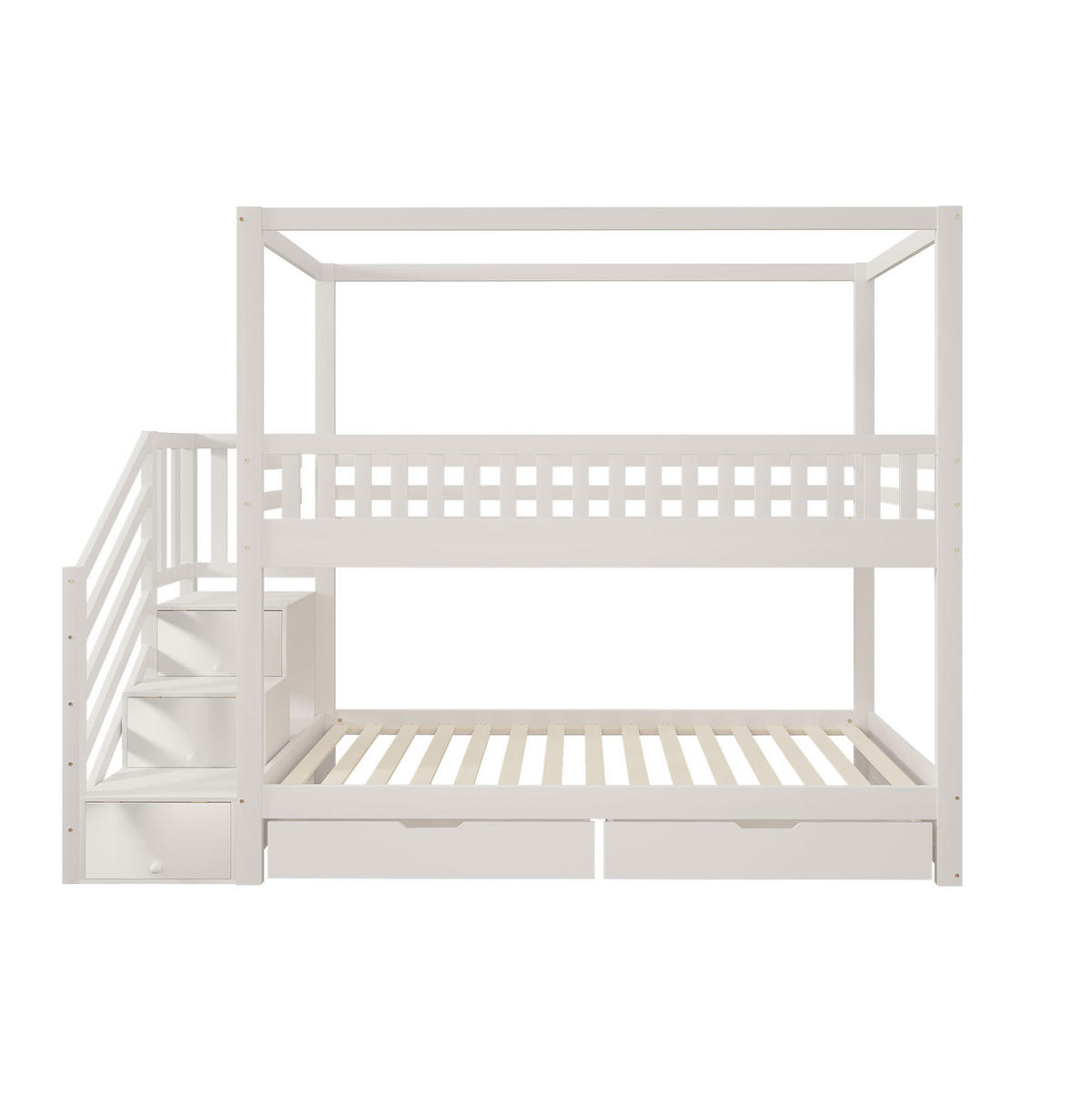 ETAGENBETT 90/200 cm aus Massivholz mit Hausform und Sicherheitsleiter - Weiß, Holz (90/200cm) - OKWISH