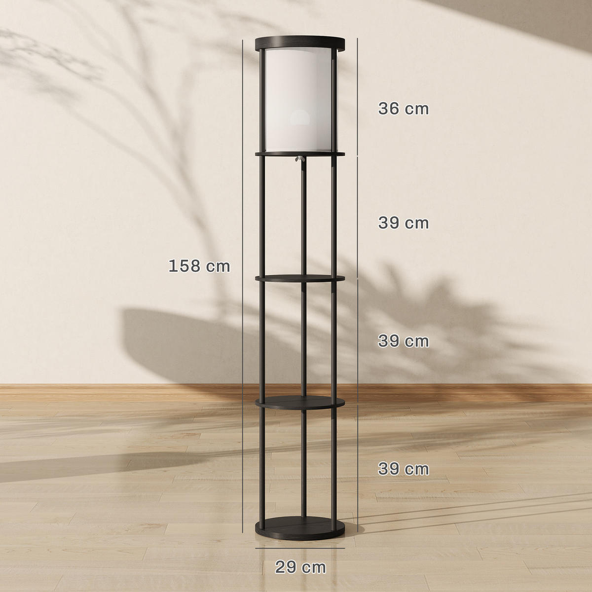 STEHLAMPE mit 3 runden Regalen, 3 Lichtfarben, Fußschalter - Schwarz, Holzwerkstoff (29/29/158cm) - HOMCOM
