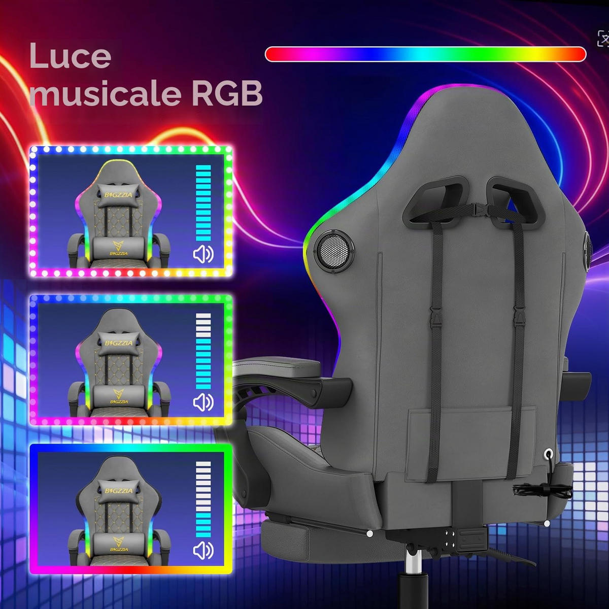 GAMINGSTUHL G01 mit RGB Beleuchtung Bluetooth Lautsprechern Kunstleder Grau - Grau, Metall (62/131/56cm) - Rattantree