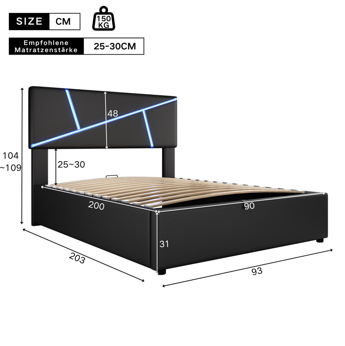 POLSTERBETT 90/200 cm mit LED-Beleuchtung, Lattenrost und hydraulischem Bettkasten, PU-Bezug, Schwarz - Schwarz, Kunststoff (90/200cm) - Redom