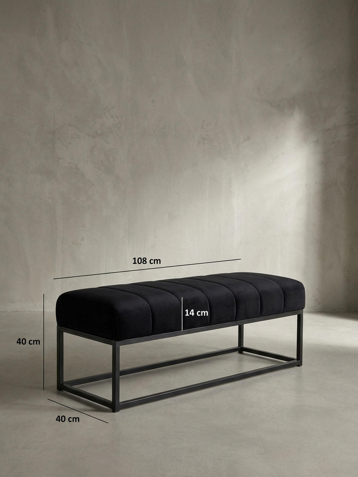 SITZBANK Samt Metallgestell gepolstert, Schwarz 108x40x40 cm - Schwarz, Textil/Metall (108/40/40cm) - KADIMA DESIGN
