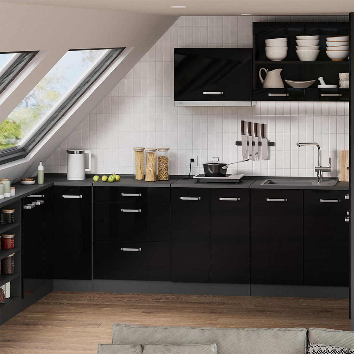 KÜCHENSCHRANK FÜR DACHSCHRÄGEN R-Line, Schwarz Hochglanz, 60 cm ohne Schräge mit 2 Türen - Schwarz Hochglanz/Anthrazit, Holzwerkstoff (60/83.8/46cm) - Vicco
