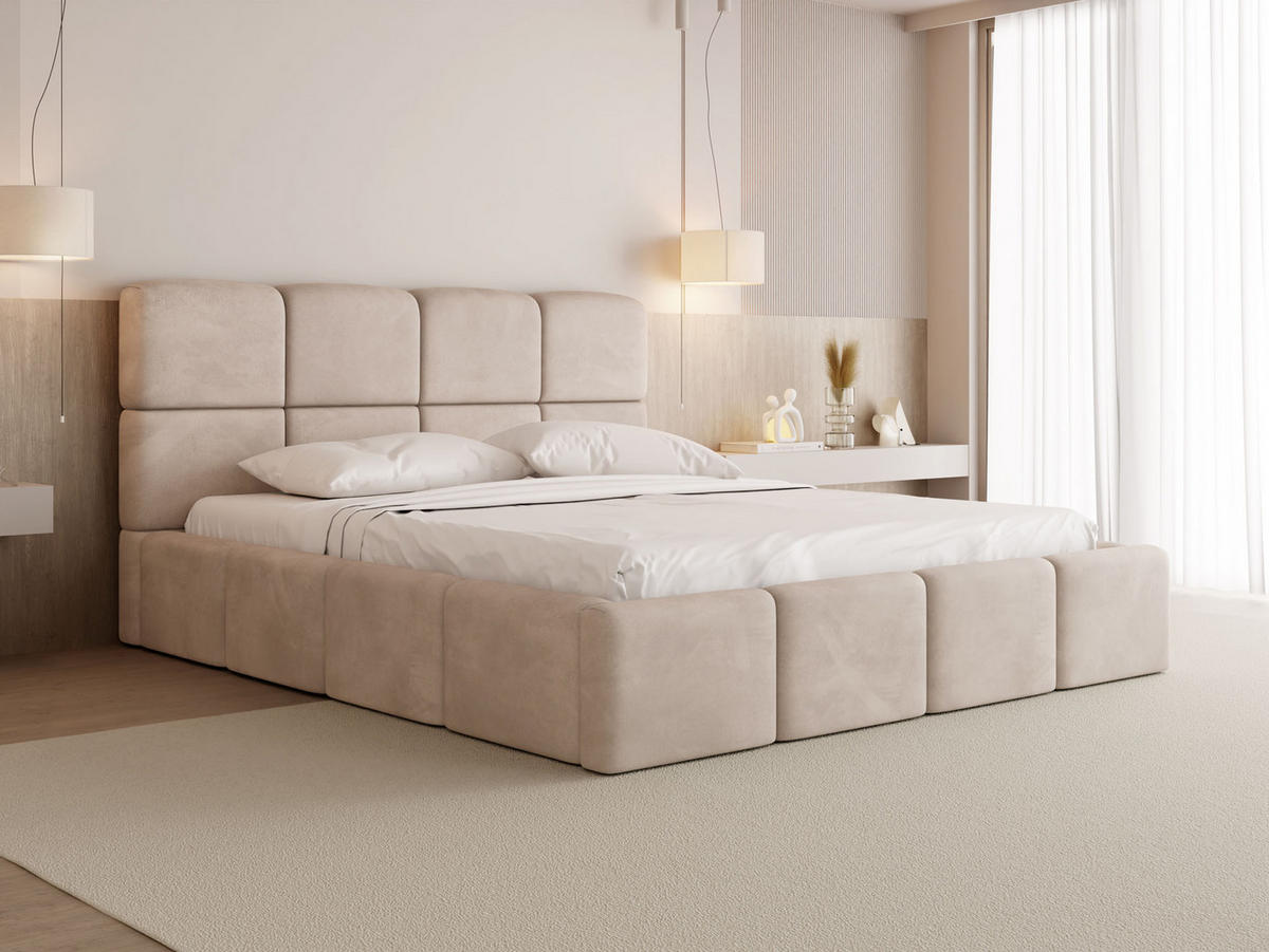 POLSTERBETT Tivio mit Bettkasten, Beige Samt 200x200 cm - Ecru/Beige, Holz/Holzwerkstoff (200/200cm) - WFL GROUP