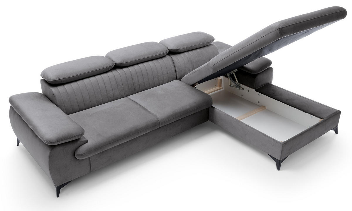 ECKSOFA 280 cm Xanto M, Schlaffunktion, verstellbaren Kopfstützen, Rechts, Dunkelgrau - Dunkelgrau, Holz (193/280cm) - Emporius