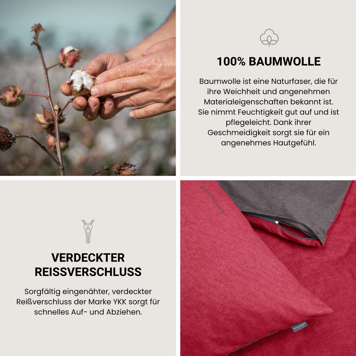 BETTWÄSCHESET Doubleface - Feinbiber - 2-teilig - 135 x 200 cm - Rot-Dunkelgrau - Dunkelgrau/Rot, Textil (155/220cm) - SCHIESSER