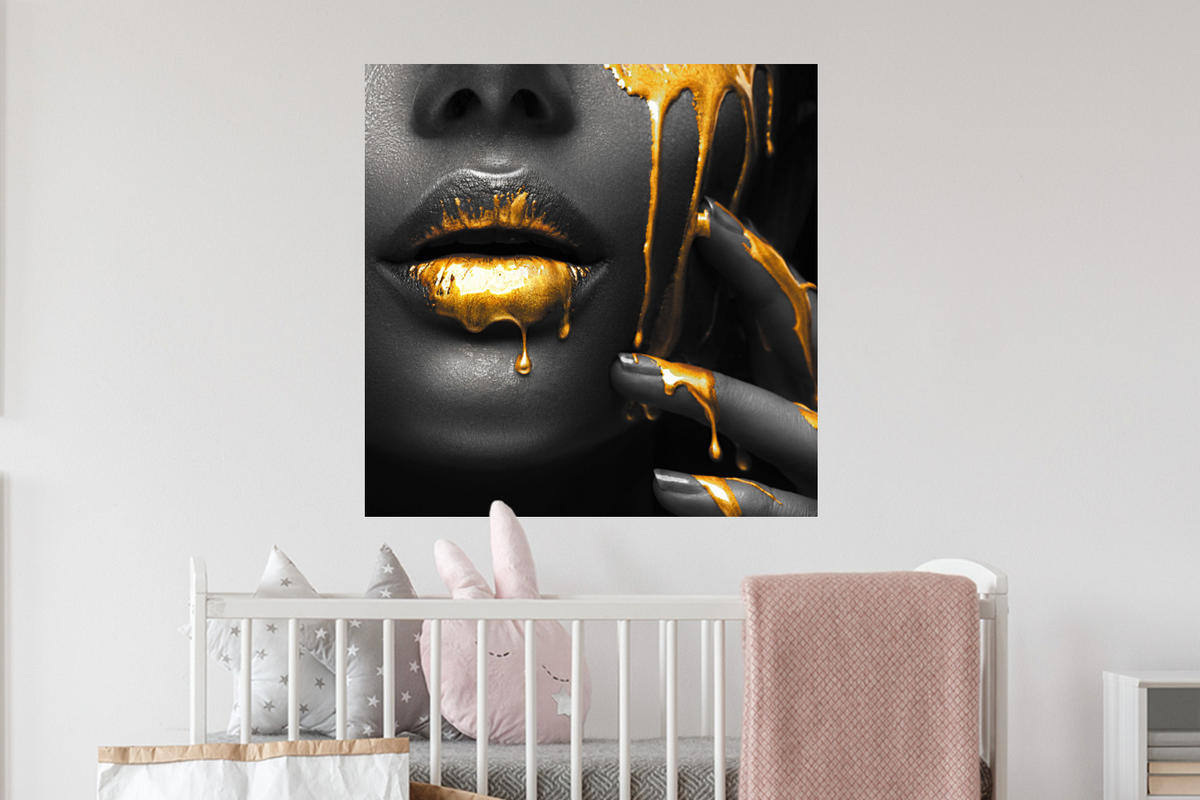 WANDTATTOO Frau - Schwarz - Gold - Gesicht - Lippen 50x50 cm - Goldfarben, Kunststoff (50/50/0.1cm) - MuchoWow
