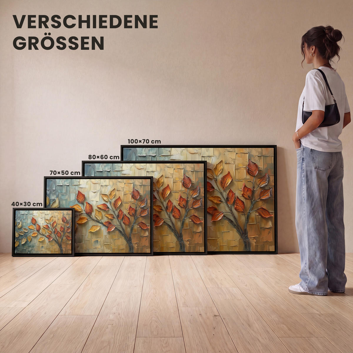 LEINWAND Bilder mit Rahmen - Baum - Abstrakt - Natur - Kunst - 70x50 - Goldfarben, Textil (70/50cm) - MuchoWow