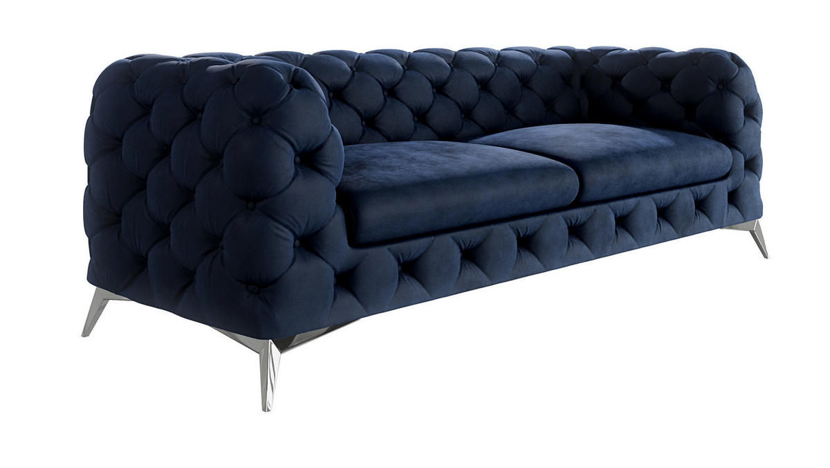 CHESTERFIELD-SOFA 3-Sitzer Laura Marineblau Samt - Silberfarben/Dunkelblau, Holz/Textil (225/75/100cm) - S-Style Möbel