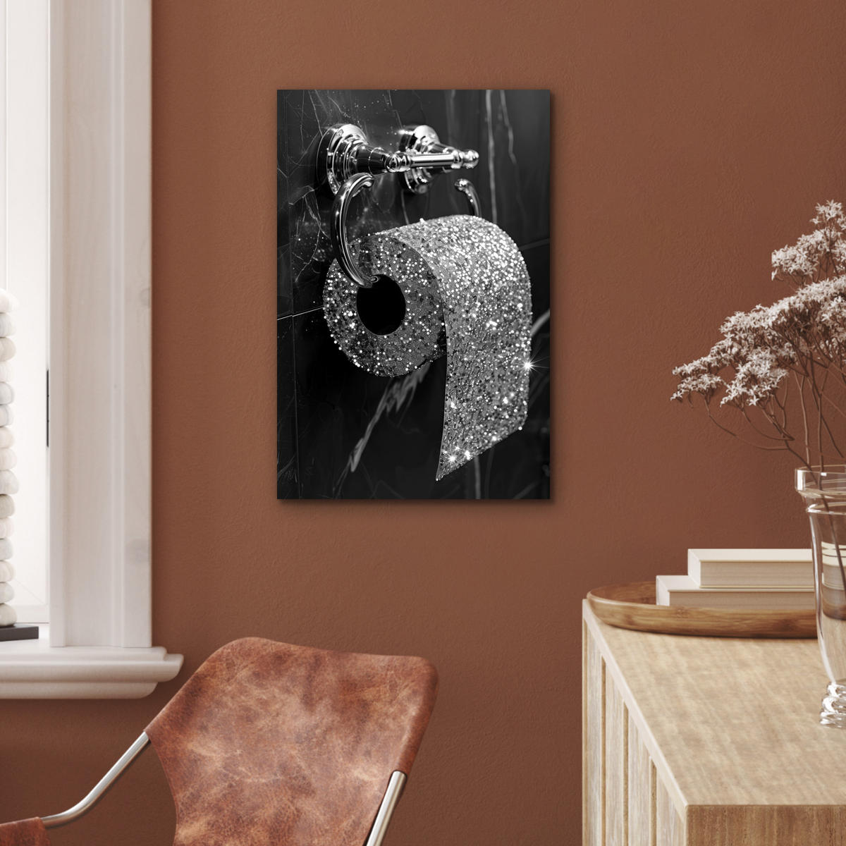 METALLBILD WC - Toilettenpapier - Schwarz und weiß - Glitter 40x60 cm - Silberfarben, Metall (40/60cm) - MuchoWow