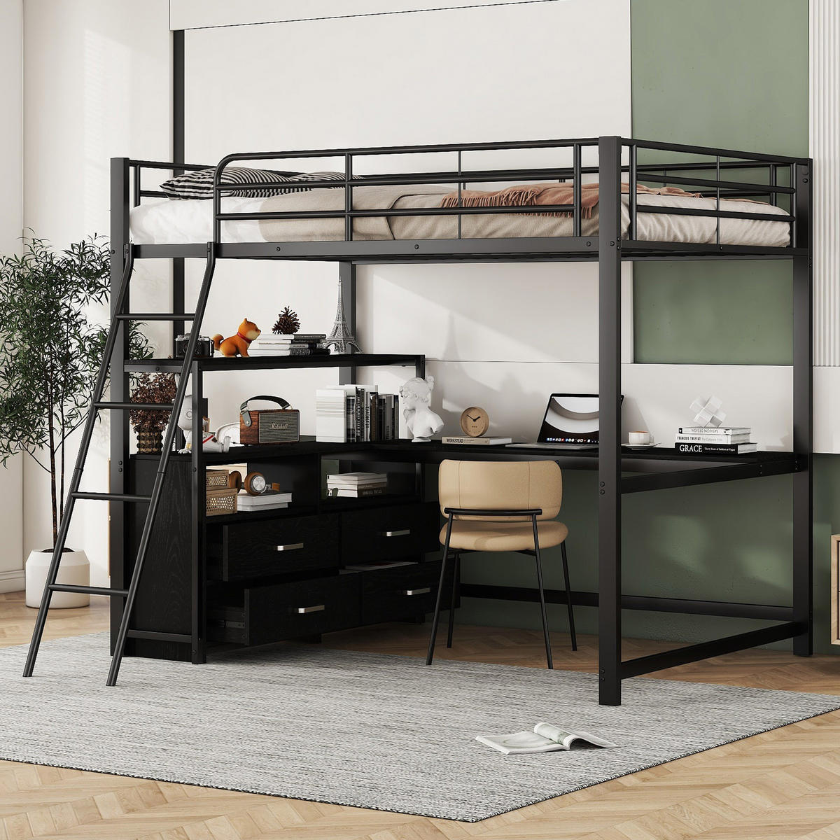 HOCHBETT 140/200 cm schwarz mit L-förmigem Schreibtisch und praktischen Schubladen - Schwarz, Metall (140/200cm) - OKWISH