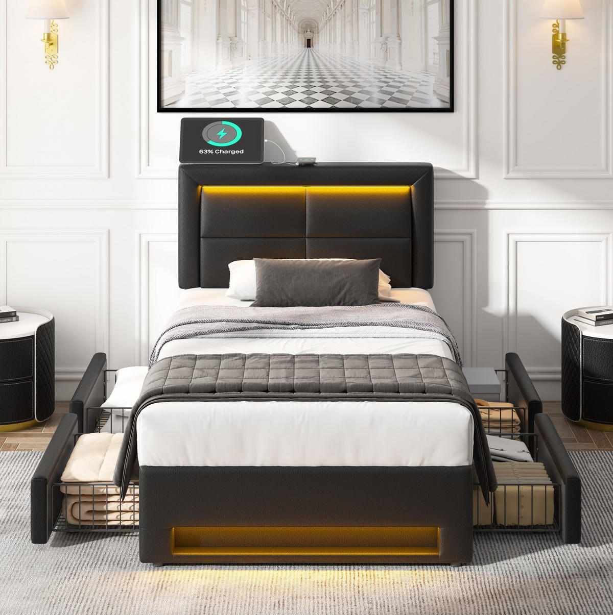 POLSTERBETT 90/190 cm Schwarz aus PU mit LED-Beleuchtung und USB-Anschluss - Schwarz, Kunststoff (90/200cm) - OKMYHOME