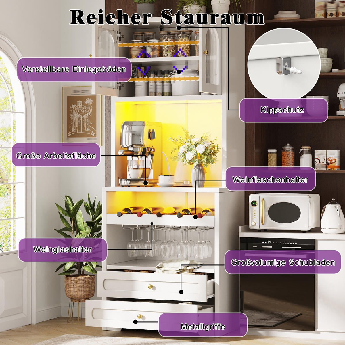 VITRINE LED Gewölbte Glastüren Weinregal Weiß - Weiß, Holzwerkstoff (70/180/40cm) - FLIEKS