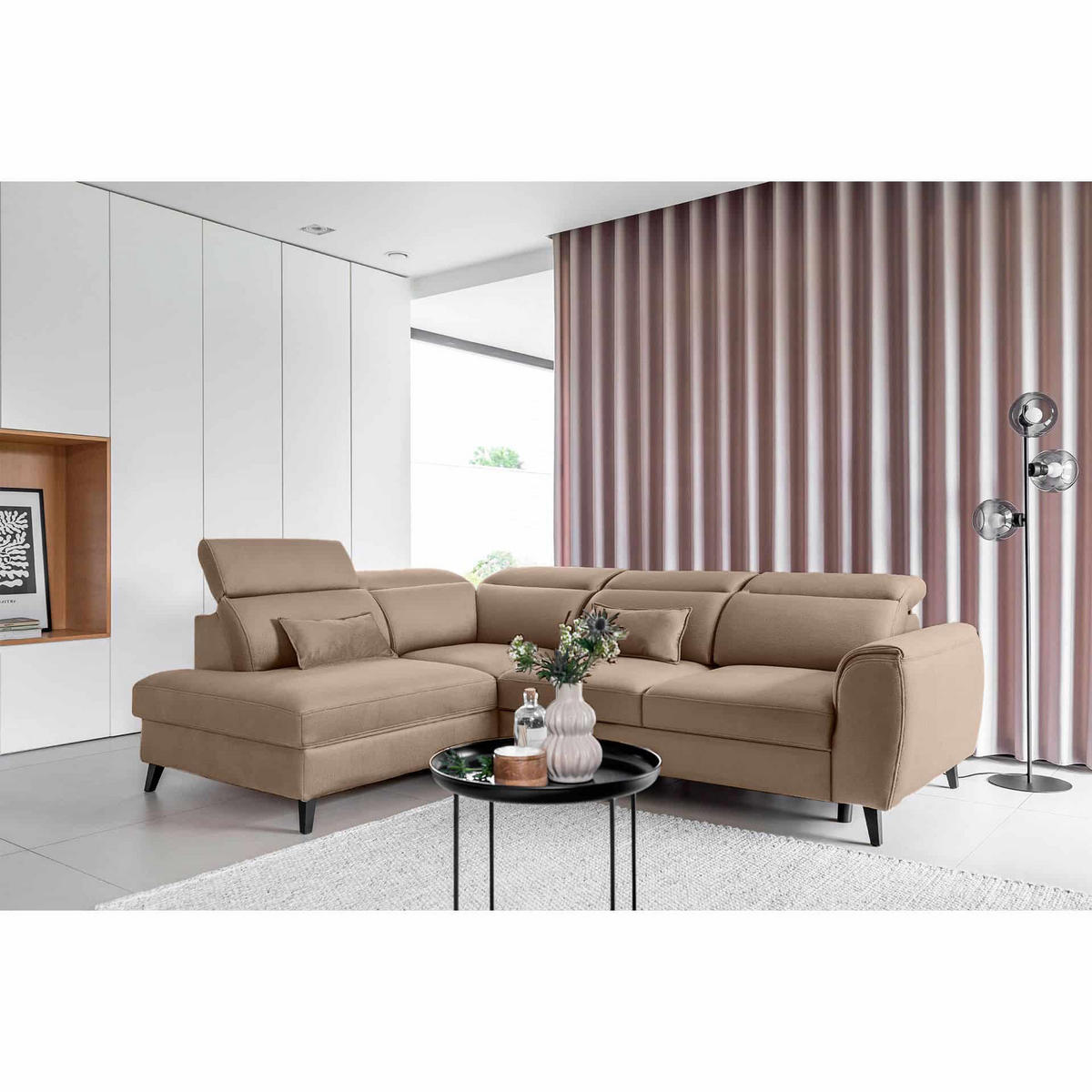 ECKSOFA mit Schlaffunktion & Bettkasten - Hellbraun/Schwarz, Holz/Textil (255/201cm) - Eltap