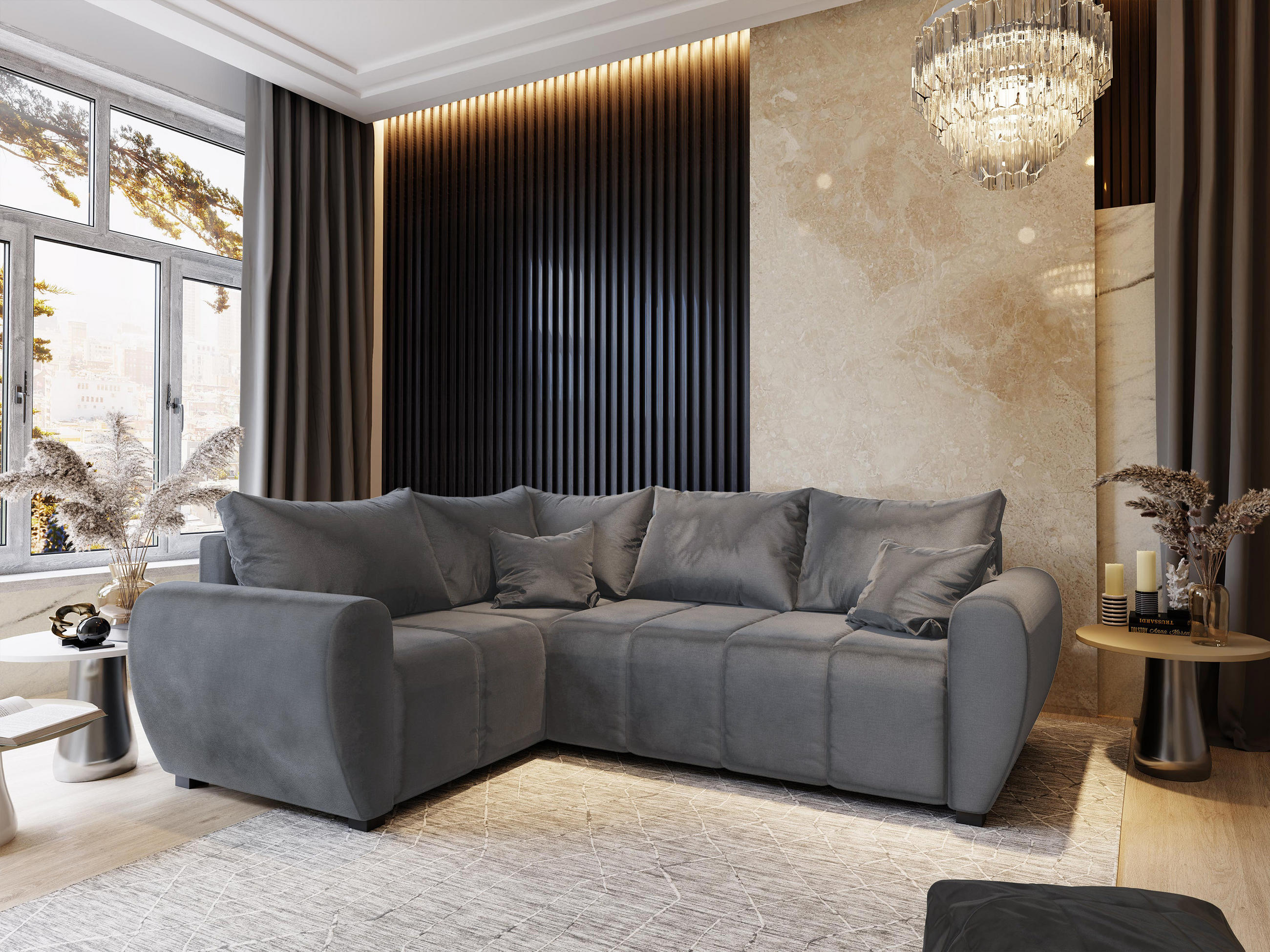 ECKSOFA MADISON L L-S Grau Plüsch-Stoff mit Schlaffunktion - Grau, Holz (235/175cm) - MASSENO