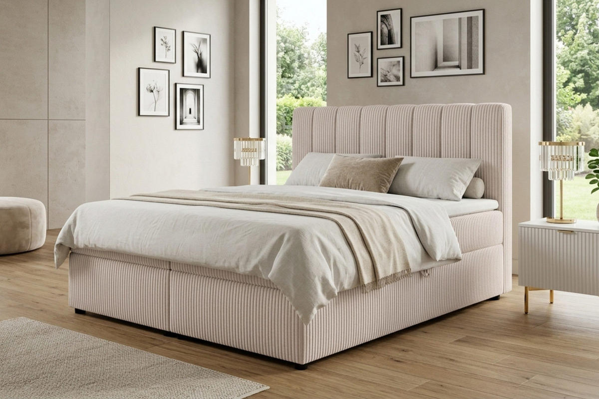 BOXBETT VICTOR 160/200 in Cord Ecru H4 - Ecru, Holz/Holzwerkstoff (160/200cm) - Deine Möbel 24