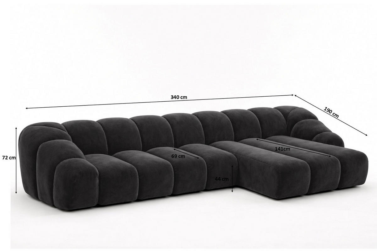 ECKSOFA Modulare L-Form, Veloursstoff Bluvel, Schwarz, Rechts, CROISSANT XL - Schwarz, Holz (340/190cm) - Kaiser Möbel