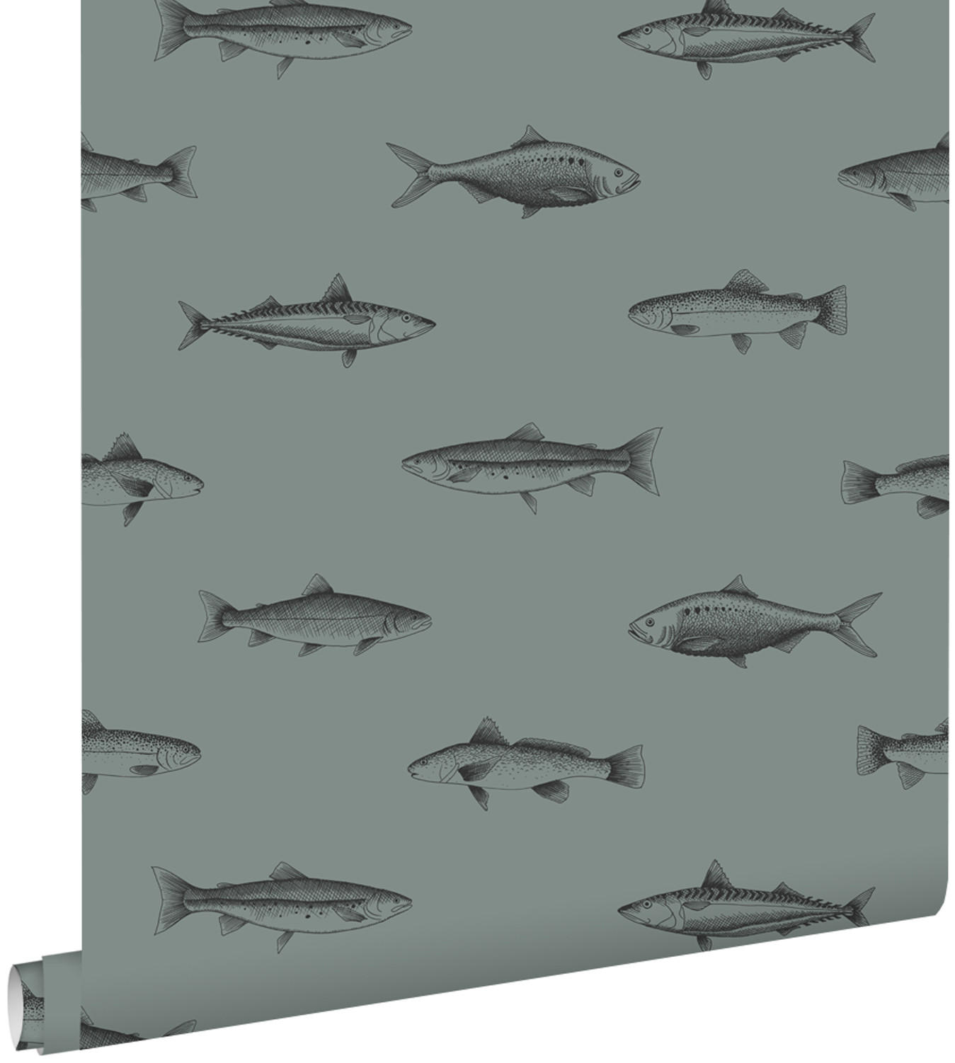 TAPETE Federzeichnung Fisch 53 cm x 10.05 m - Grün, Papier (53/1000cm) - ESTAhome