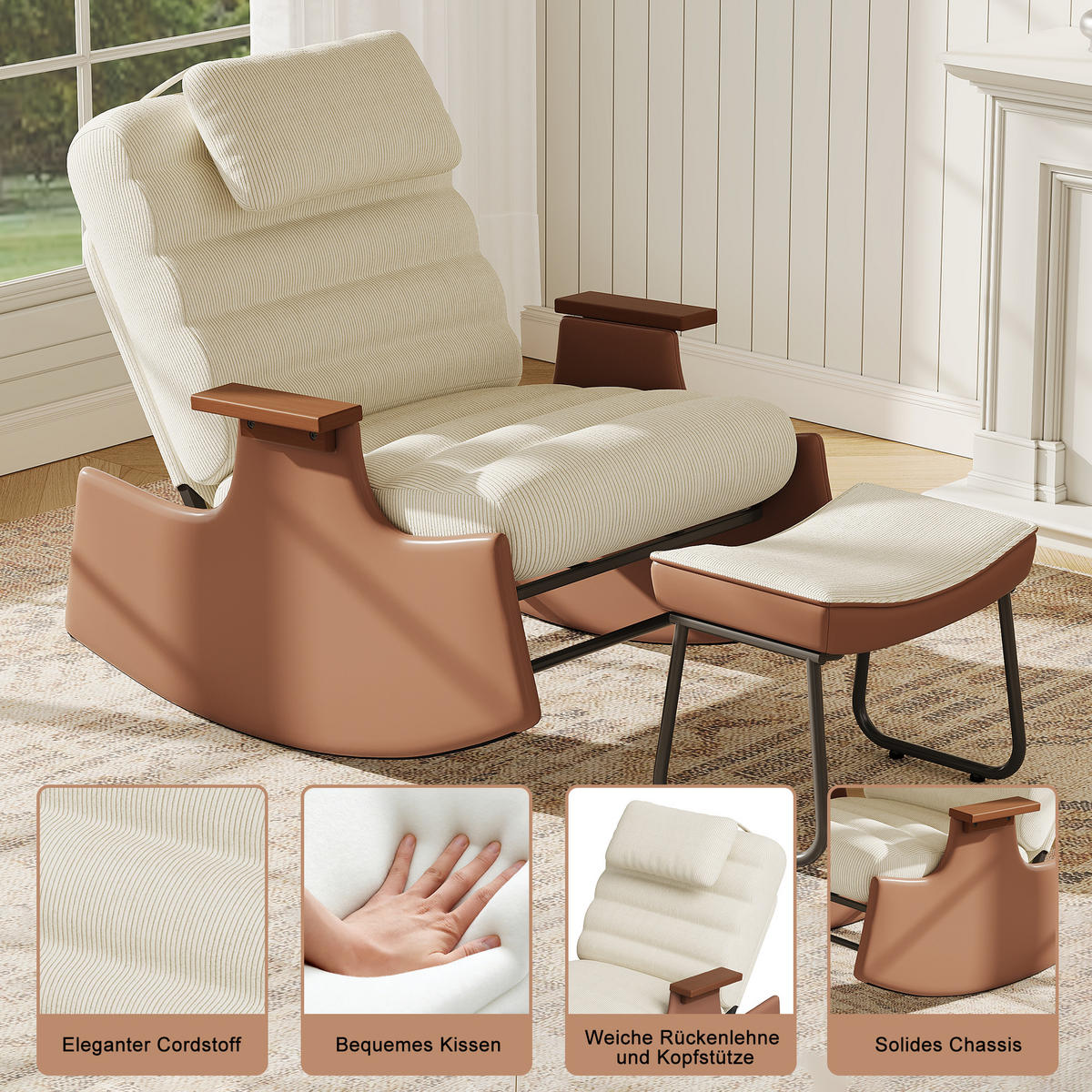 SCHAUKELSESSEL Cord mit Fußhocker & verstellbarer Rückenlehne - Beige, Holz/Textil (81/81/51cm) - PARAFTA HOME