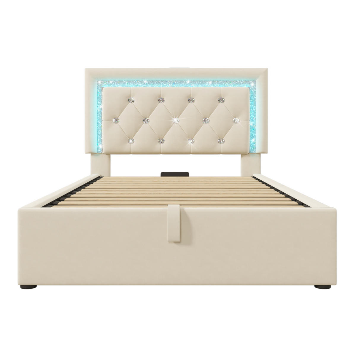 POLSTERBETT 90/200 cm Beige aus Samt mit Stauraum und LED-Beleuchtung mit Matratze - Beige, Textil (90/200cm) - OKWISH