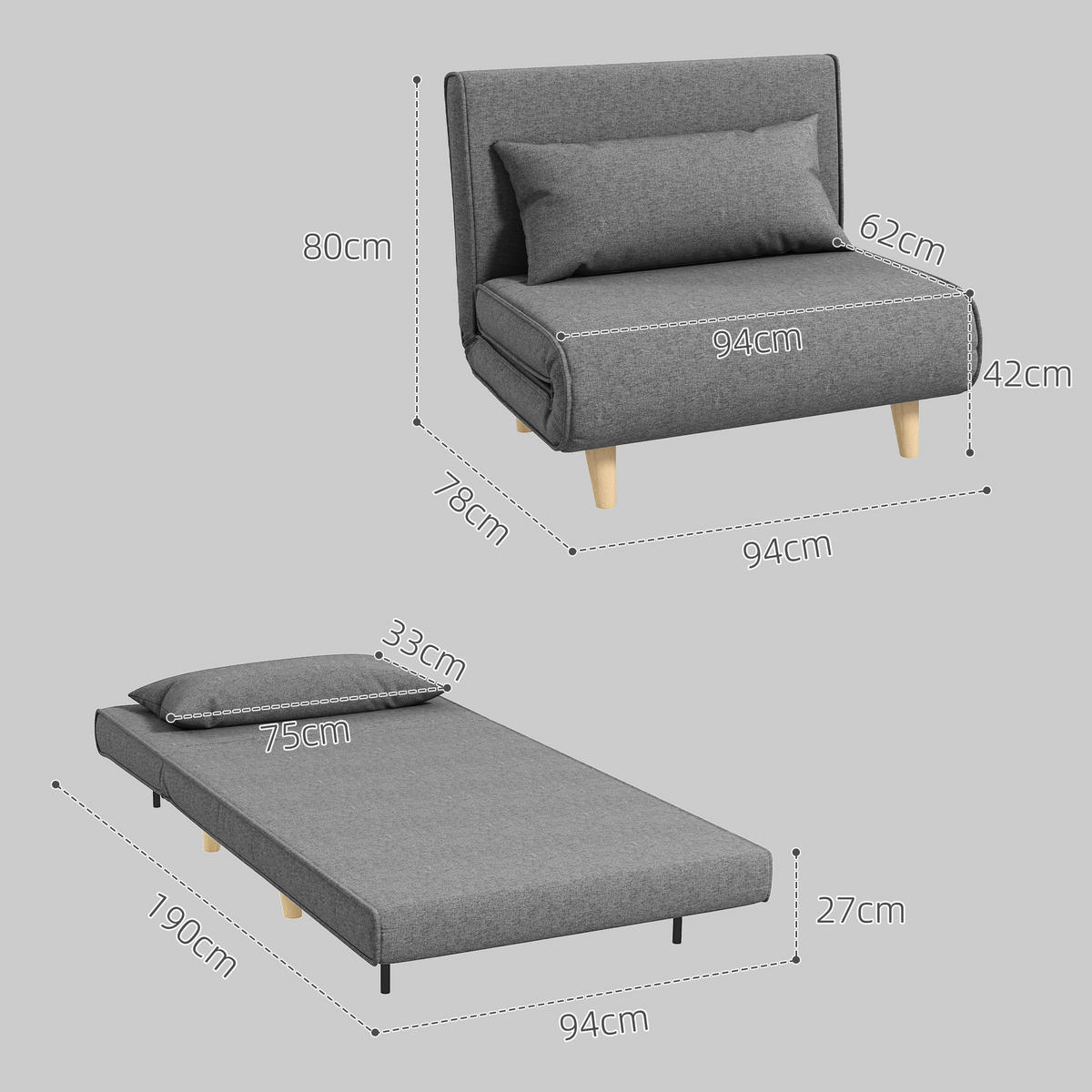 SCHLAFSESSEL DE-14610 3-in-1 verstellbare Rückenlehne mit Kissen Grau - Grau, Textil (78/80/94cm) - ComfortXL