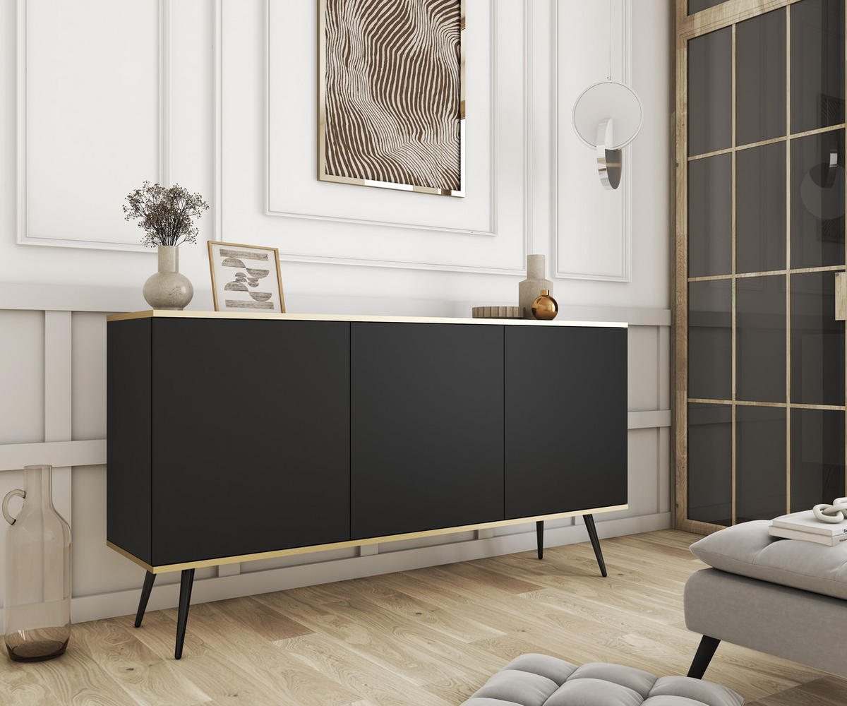 KOMMODE ORO - K-160, 2-Türen, 2-Schubladen, Push-to-Open 160x39x85 cm Schwarz/Schwarz - Schwarz, Holzwerkstoff/Kunststoff (160/85/39cm) - DomoHome