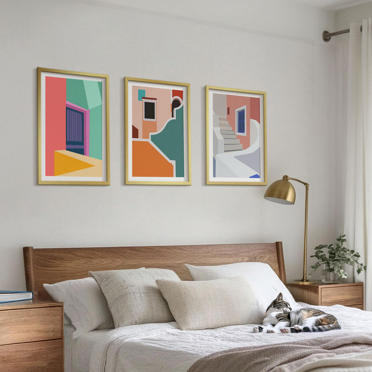WANDBILDER 3er Set - 40x60 cm Goldrahmen - Farbenfrohe Illustrationen von Gebäuden - Goldfarben, Kunststoff (40/60cm) - ArtPrintCave