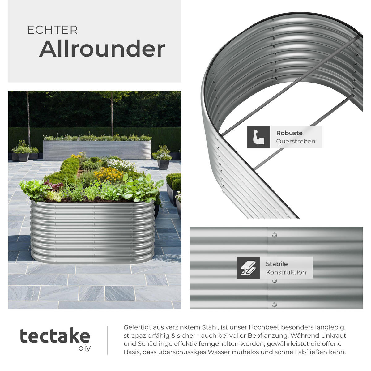 HOCHBEET Flormma,160 x 80 x 80 cm,silber - Silberfarben, Metall (160/80/80cm) - tectake