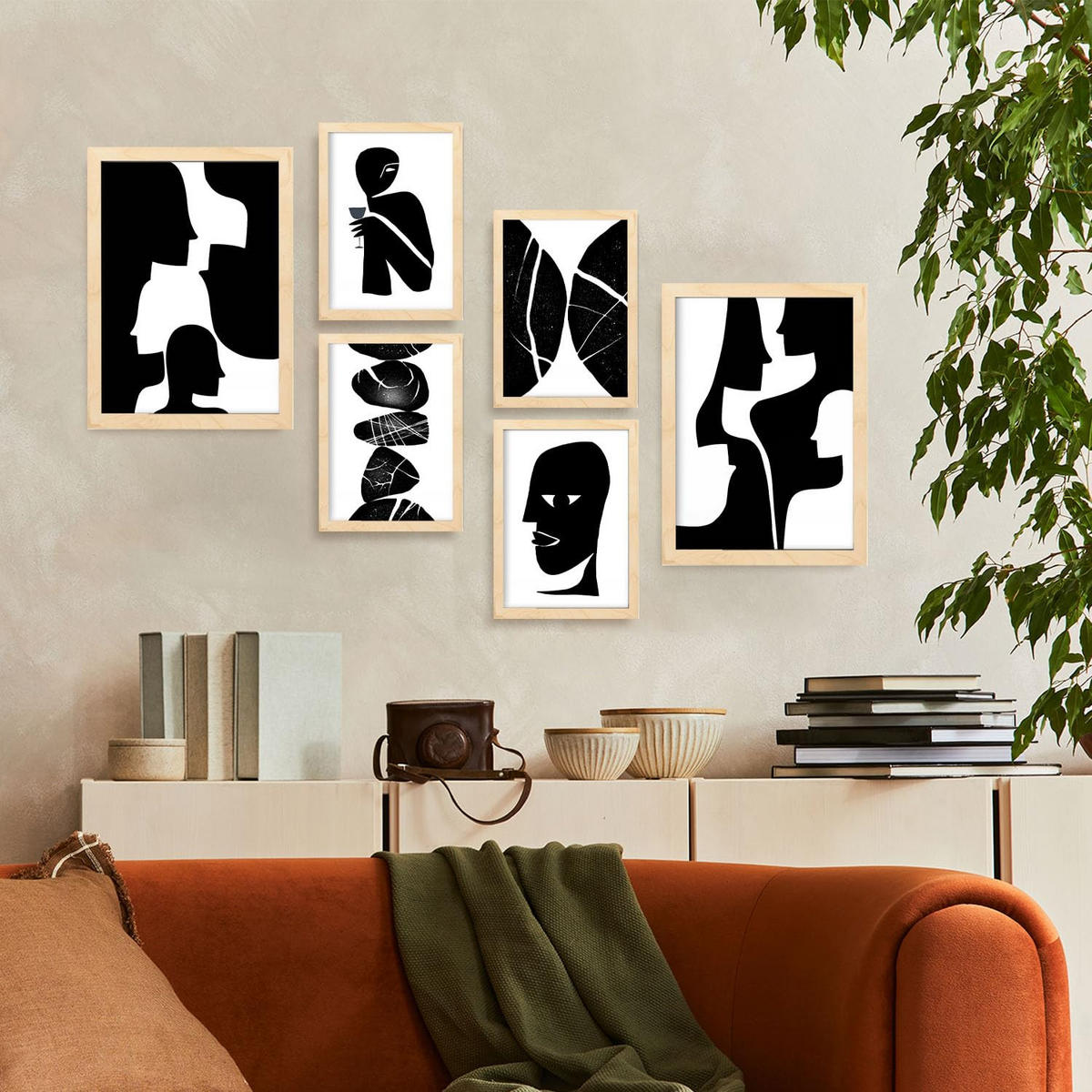 POSTER Set Mit 6 Atavistischer Kopf In Liebhaber Abstrakt Ästhetische Dekorative Gemälde Für Ihr Wohnzimmer Zuhause A3 & A4 Rahmen Aus Hellem Holz - Beige, Papier (29/3cm) - Nacnic