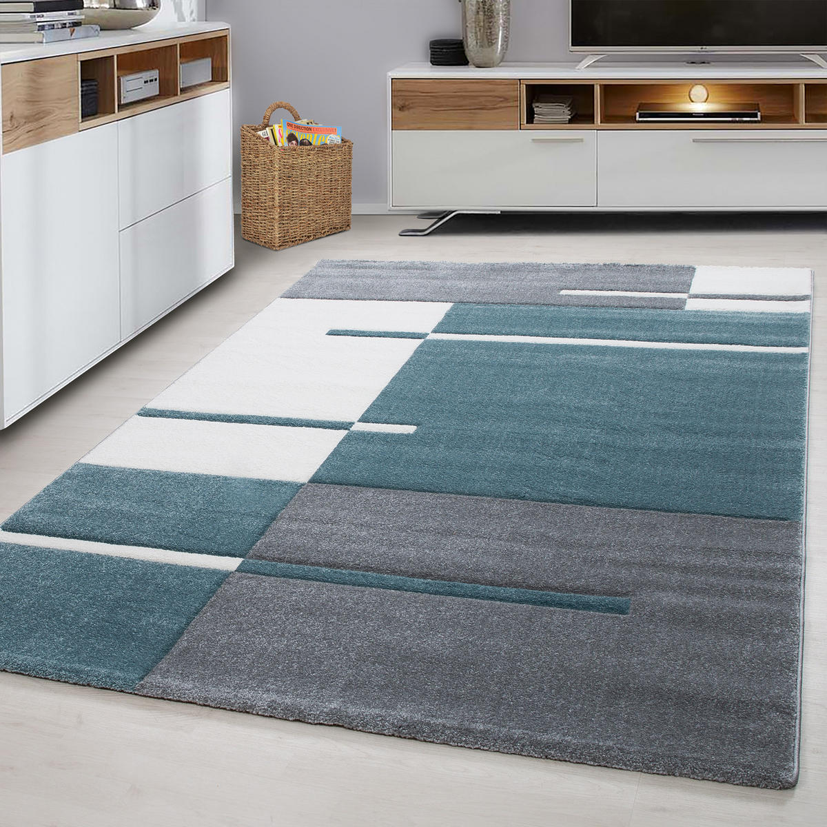 TEPPICH Kurzflor Karo Muster Polypropylen Wohnzimmer Blau Läufer 80x150 - Blau, Textil (80/150cm) - KADIMA DESIGN