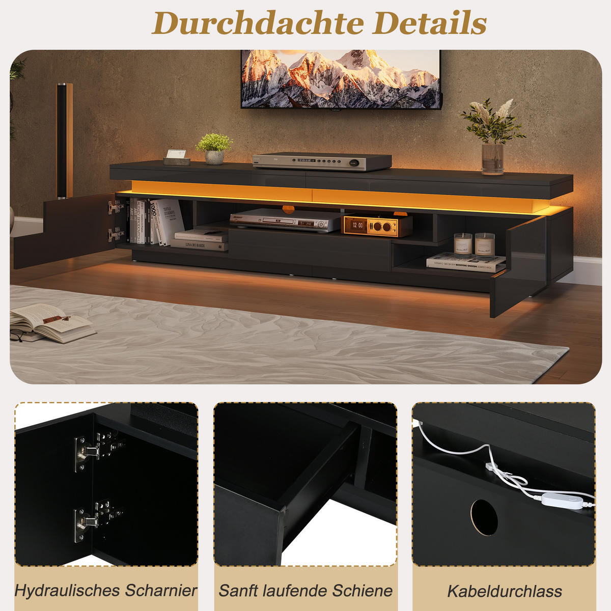 TV-SCHRANK schwarz aus Spanplatte mit Hochglanzfront und App-gesteuerter USB-LED 175 × 38 × 45 cm - Schwarz, Holzwerkstoff (175/45/38cm) - Luhomfu